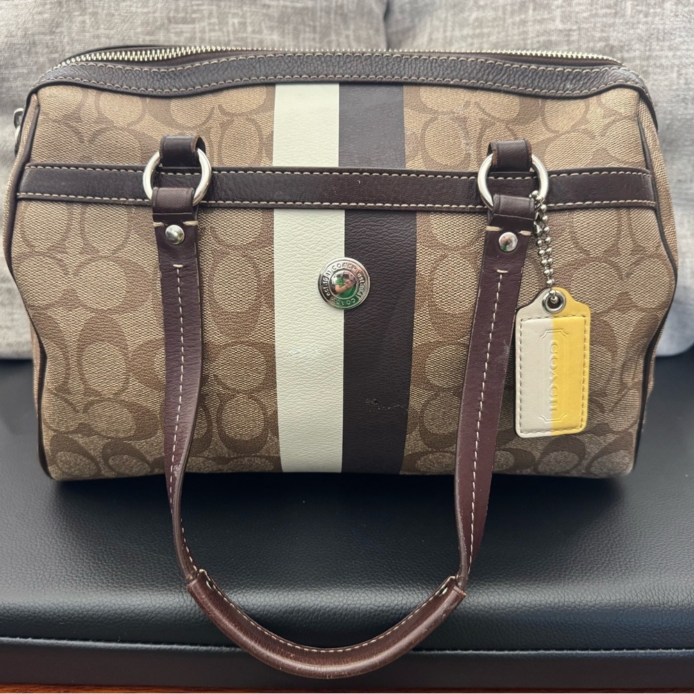 Coach Tote Bag Heritage Stripe Canvas Leather Brown /Yellow Lining